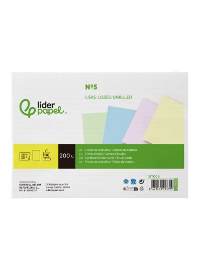 Tarjeta liderpapel para estudiar lisa cartulina de colores 170 gr/m2 160x220mm paquete de 200 unidades