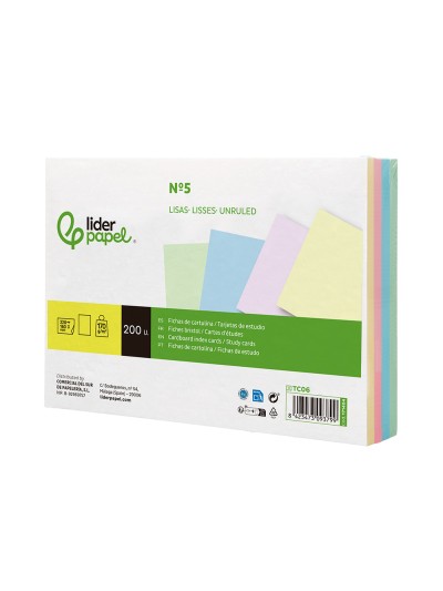Tarjeta liderpapel para estudiar lisa cartulina de colores 170 gr/m2 160x220mm paquete de 200 unidades