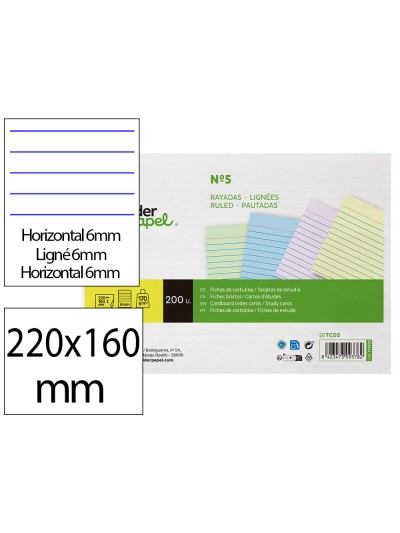 Tarjeta liderpapel para estudiar rayada cartulina de colores 170 gr/m2 160x220mm paquete de 200 unidades