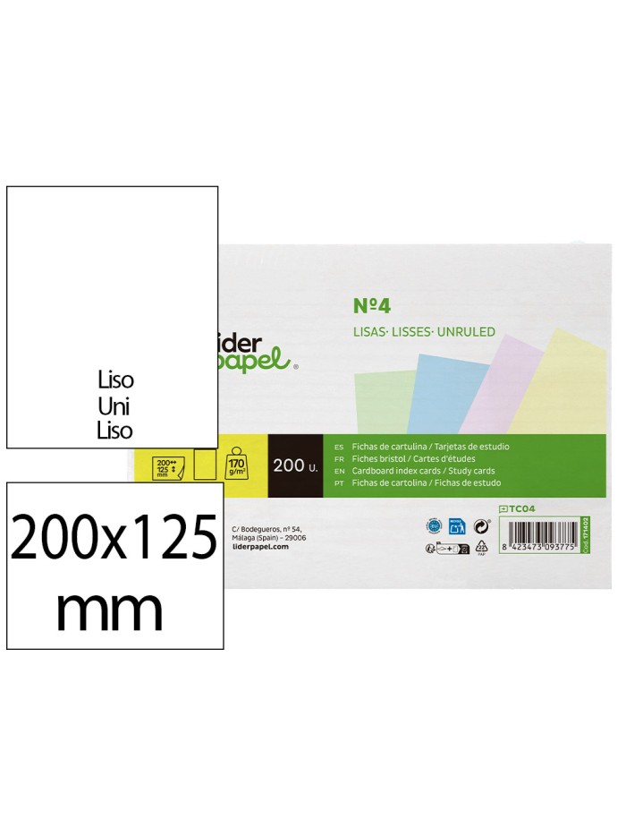 Tarjeta liderpapel para estudiar lisa cartulina de colores 170 gr/m2 125x200mm paquete de 200 unidades Tarjeta liderpapel para estudiar lisa cartulina de colores 170 gr/m2 125x200mm paquete de 200 unidades