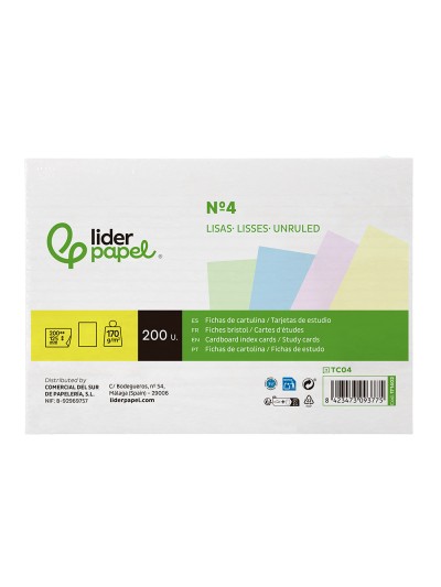 Tarjeta liderpapel para estudiar lisa cartulina de colores 170 gr/m2 125x200mm paquete de 200 unidades