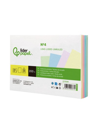Tarjeta liderpapel para estudiar lisa cartulina de colores 170 gr/m2 125x200mm paquete de 200 unidades