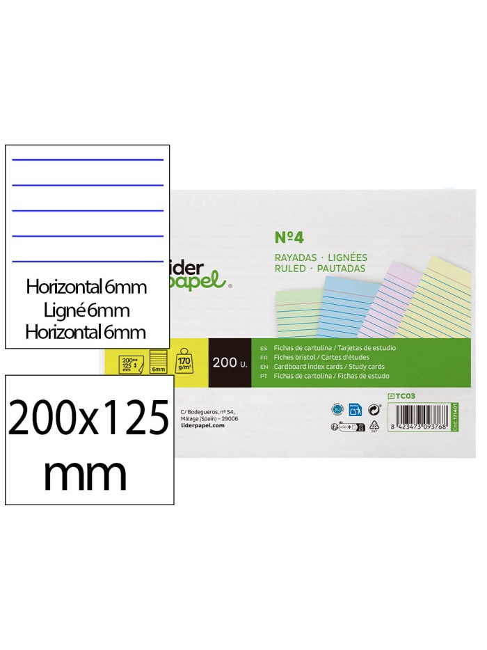 Tarjeta liderpapel para estudiar rayada cartulina de colores 170 gr/m2 125x200mm paquete de 200 unidades Tarjeta liderpapel para estudiar rayada cartulina de colores 170 gr/m2 125x200mm paquete de 200 unidades
