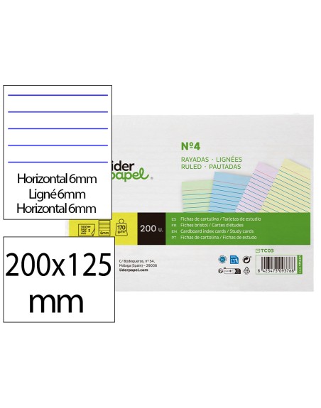 Tarjeta liderpapel para estudiar rayada cartulina de colores 170 gr/m2 125x200mm paquete de 200 unidades