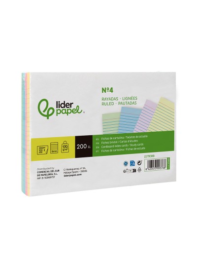 Tarjeta liderpapel para estudiar rayada cartulina de colores 170 gr/m2 125x200mm paquete de 200 unidades