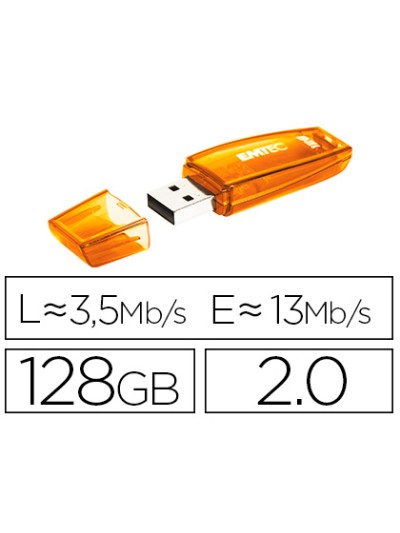 Memoria usb emtec flash c410 128 gb 2.0 naranja
