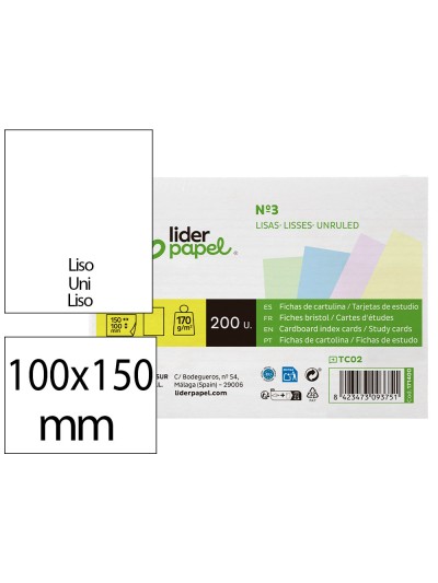 Tarjeta liderpapel para estudiar lisa cartulina de colores 170 gr/m2 100x150mm paquete de 200 unidades