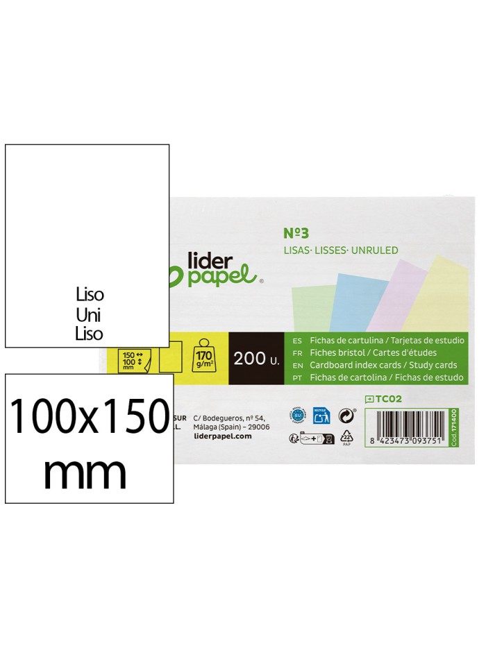Tarjeta liderpapel para estudiar lisa cartulina de colores 170 gr/m2 100x150mm paquete de 200 unidades Tarjeta liderpapel para estudiar lisa cartulina de colores 170 gr/m2 100x150mm paquete de 200 unidades