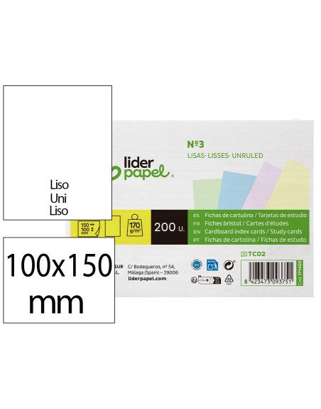 Tarjeta liderpapel para estudiar lisa cartulina de colores 170 gr/m2 100x150mm paquete de 200 unidades