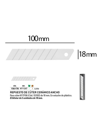 Repuesto cuter q-connect ancho para modelos kf17106/kf14387 cuchilla ceramica 18 mm blister 5 unidades