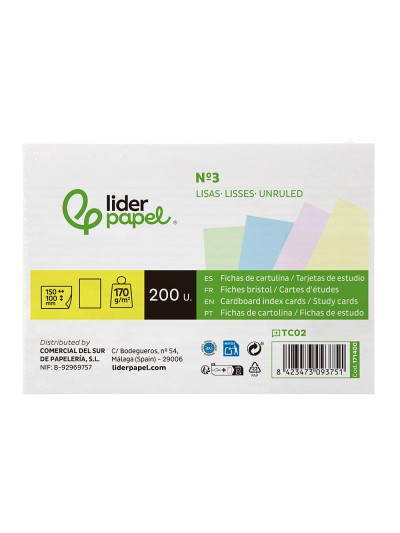 Tarjeta liderpapel para estudiar lisa cartulina de colores 170 gr/m2 100x150mm paquete de 200 unidades