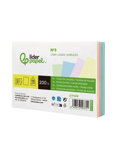 Tarjeta liderpapel para estudiar lisa cartulina de colores 170 gr/m2 100x150mm paquete de 200 unidades