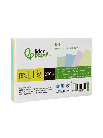 Tarjeta liderpapel para estudiar lisa cartulina de colores 170 gr/m2 100x150mm paquete de 200 unidades