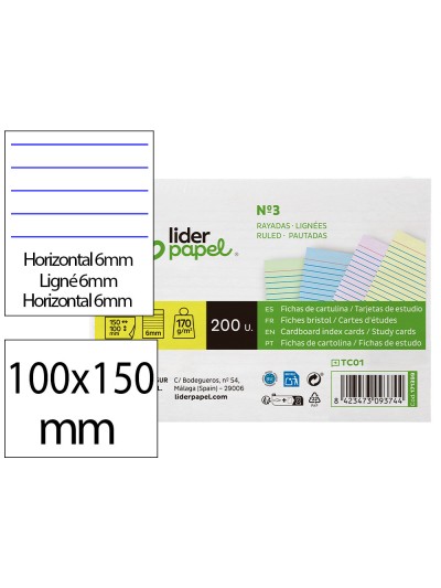 Tarjeta liderpapel para estudiar rayada cartulina de colores 170 gr/m2 100x150mm paquete de 200 unidades