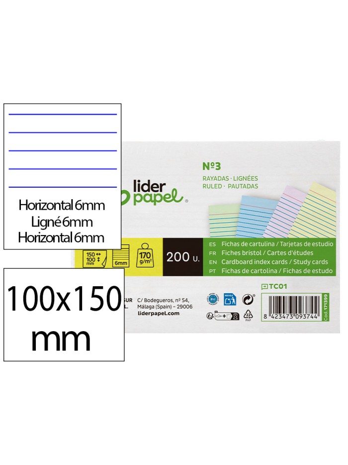 Tarjeta liderpapel para estudiar rayada cartulina de colores 170 gr/m2 100x150mm paquete de 200 unidades Tarjeta liderpapel para estudiar rayada cartulina de colores 170 gr/m2 100x150mm paquete de 200 unidades