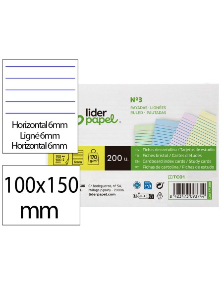 Tarjeta liderpapel para estudiar rayada cartulina de colores 170 gr/m2 100x150mm paquete de 200 unidades
