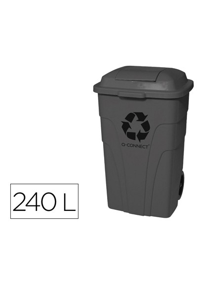 Papelera contenedor q-connect plastico con tapadera 240l color gris 1040x610x610 mm con ruedas