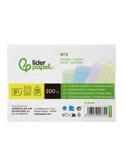 Tarjeta liderpapel para estudiar rayada cartulina de colores 170 gr/m2 100x150mm paquete de 200 unidades