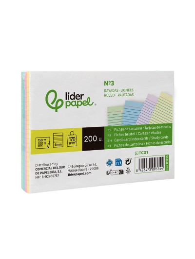 Tarjeta liderpapel para estudiar rayada cartulina de colores 170 gr/m2 100x150mm paquete de 200 unidades