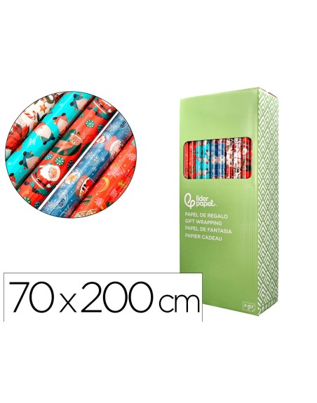 Papel de regalo liderpapel navidad rollo ancho 70 cm longitud 2 mt gramaje 60 gr diseños surtidos c-2024