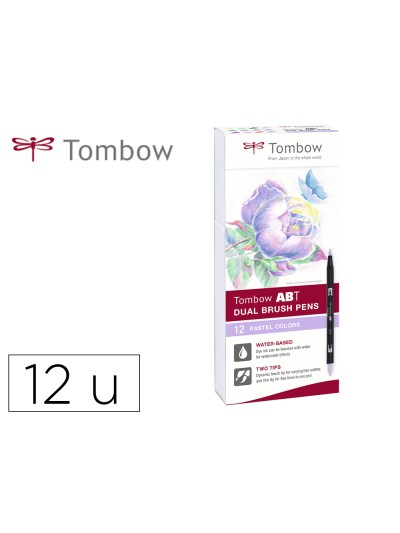 Rotulador tombow abt dual brush acuarelable doble punta fina/pincel estuche de 12 unidades colores pastel