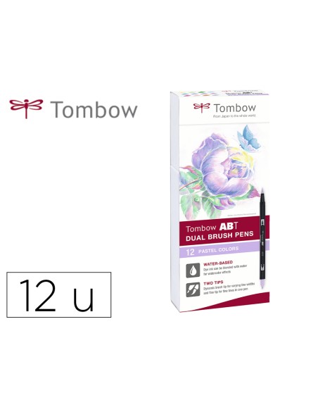 Rotulador tombow abt dual brush acuarelable doble punta fina/pincel estuche de 12 unidades colores pastel