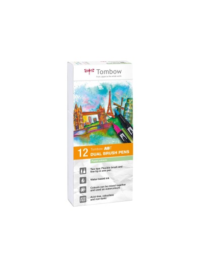 Rotulador tombow abt dual brush acuarelable doble punta fina/pincel estuche de 12 unidades colores pastel