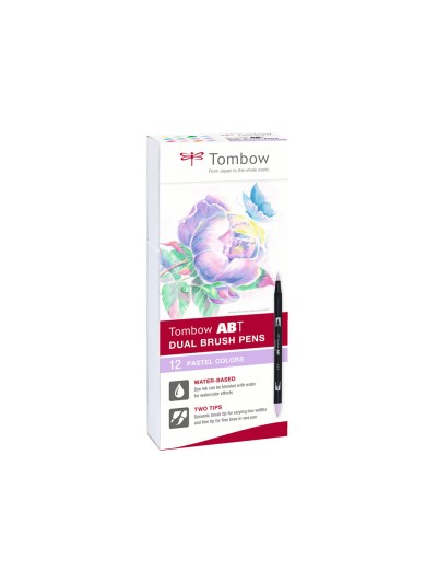 Rotulador tombow abt dual brush acuarelable doble punta fina/pincel estuche de 12 unidades colores pastel