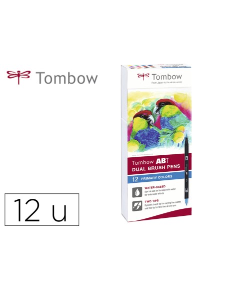 Rotulador tombow abt dual brush acuarelable doble punta fina/pincel estuche de 12 unidades colores primarios