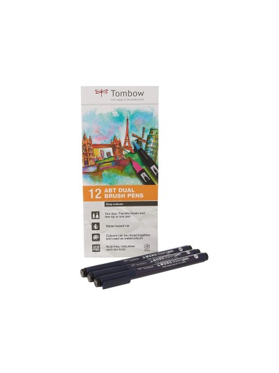 Rotulador tombow abt dual brush acuarelable doble punta fina/pincel estuche de 12 unidades colores primarios