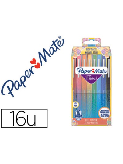 Rotulador paper mate flair original punta fibra tropical estuche rigido de 16 unidades colores surtidos