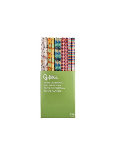 Papel de regalo liderpapel todo año rollo ancho 70 cm longitud 2 mt gramaje 60 gr diseños surtidos b-2024