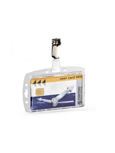 Identificador con pinza giratoria durable acrilico horizontal con uñero para pases de seguridad 54x85 mm