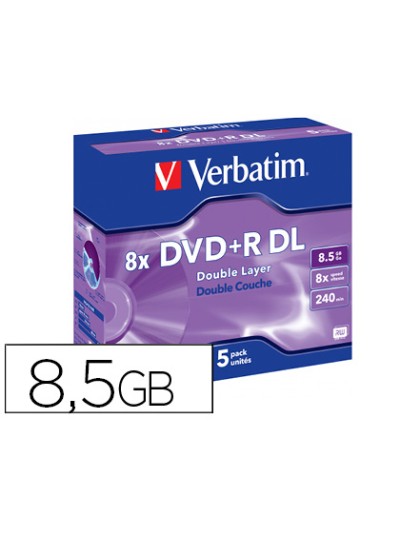 Dvd+r verbatim doble capa capacidad 8.5gb velocidad 8x 240 min pack de 5 unidades