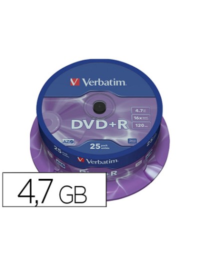 Dvd+r verbatim capacidad 4.7gb velocidad 16x 120 min tarrina de 25 unidades