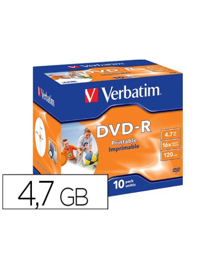 Dvd-r verbatim imprimible capacidad 4.7gb velocidad 16x 120 min pack de 10 unidades