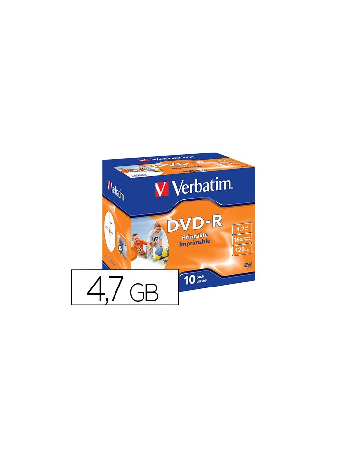 Dvd-r verbatim imprimible capacidad 4.7gb velocidad 16x 120 min pack de 10 unidades Dvd-r verbatim imprimible capacidad 4.7gb velocidad 16x 120 min pack de 10 unidades