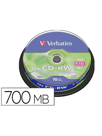 Cd-rw verbatim serl capacidad 700mb velocidad 12x 80 min tarrina de 10 unidades