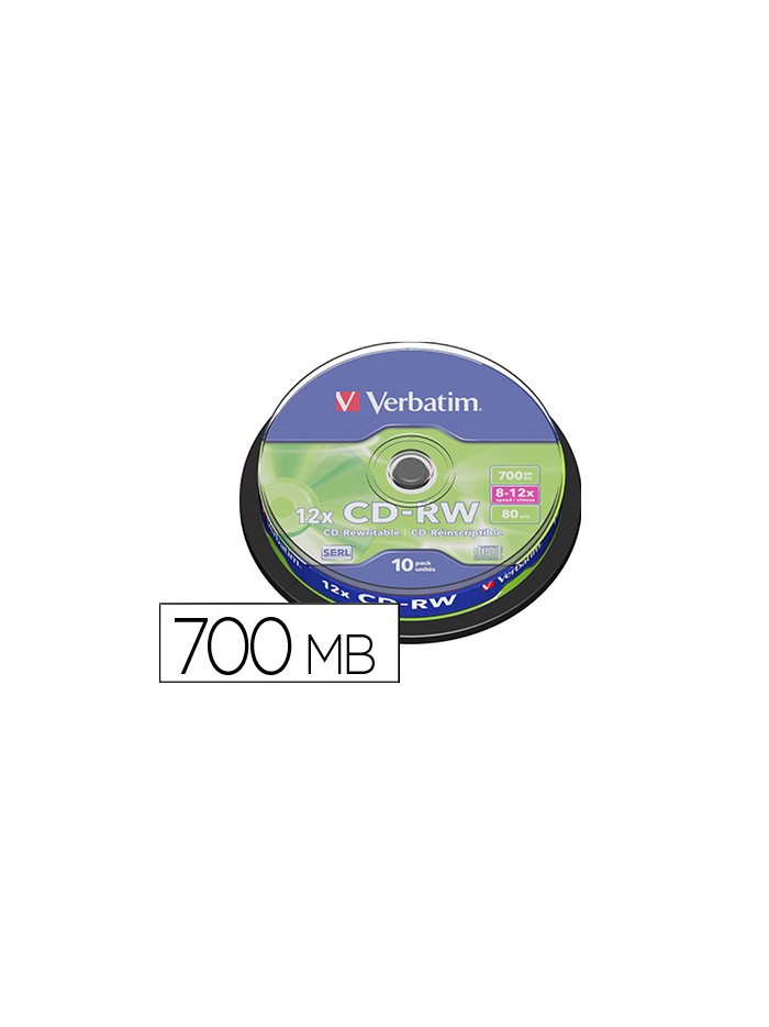 Cd-rw verbatim serl capacidad 700mb velocidad 12x 80 min tarrina de 10 unidades Cd-rw verbatim serl capacidad 700mb velocidad 12x 80 min tarrina de 10 unidades