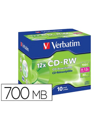 Cd-rw verbatim serl capacidad 700mb velocidad 12x 80 min pack de 10 unidades