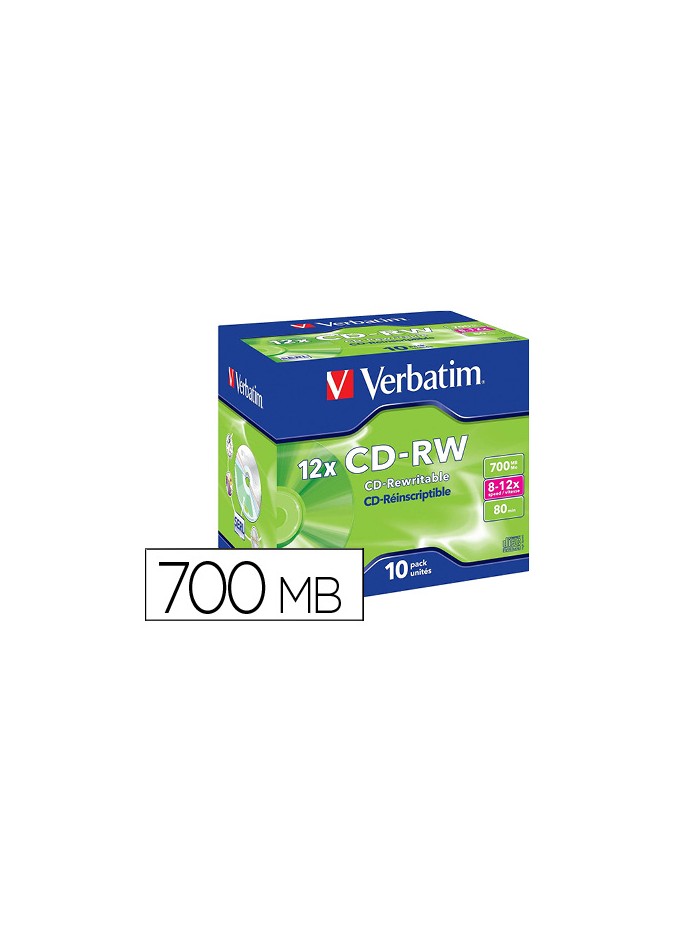 Cd-rw verbatim serl capacidad 700mb velocidad 12x 80 min pack de 10 unidades Cd-rw verbatim serl capacidad 700mb velocidad 12x 80 min pack de 10 unidades