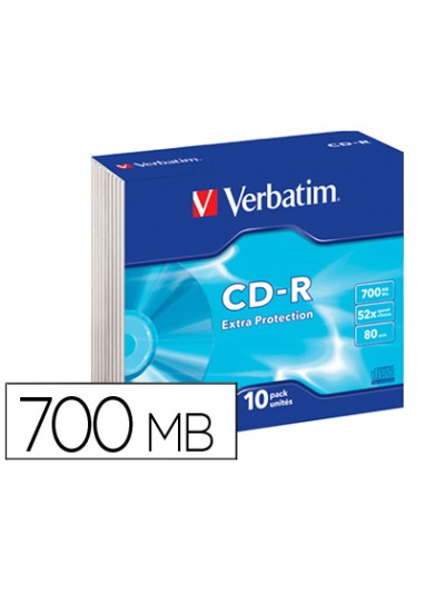 Cd-rom verbatim extra proteccion capacidad 700mb velocidad 52x 80 min pack de 10 unidades caja slim