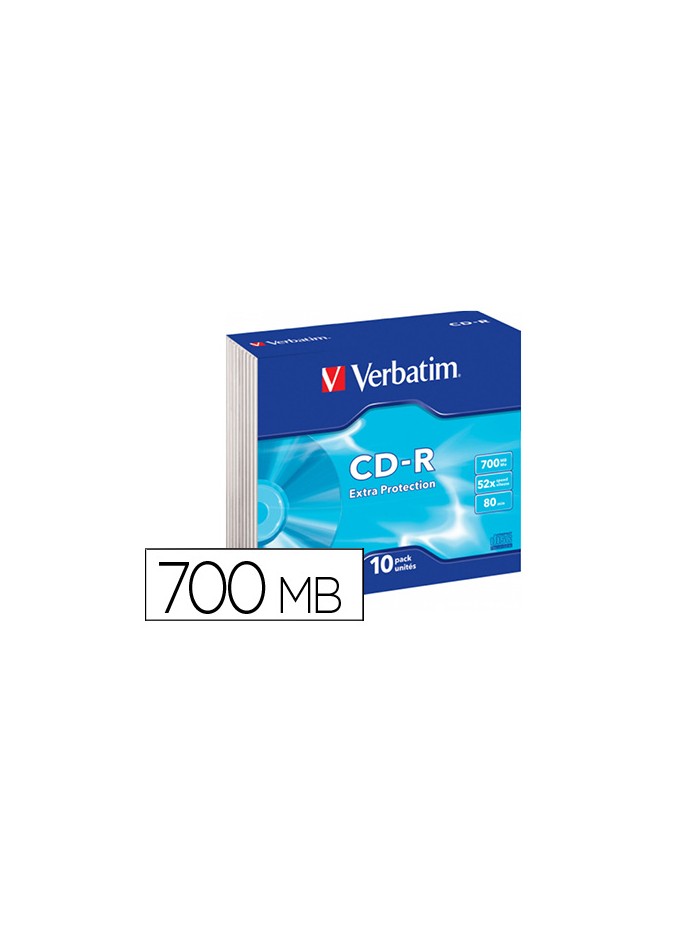 Cd-rom verbatim extra proteccion capacidad 700mb velocidad 52x 80 min pack de 10 unidades caja slim Cd-rom verbatim extra proteccion capacidad 700mb velocidad 52x 80 min pack de 10 unidades caja slim
