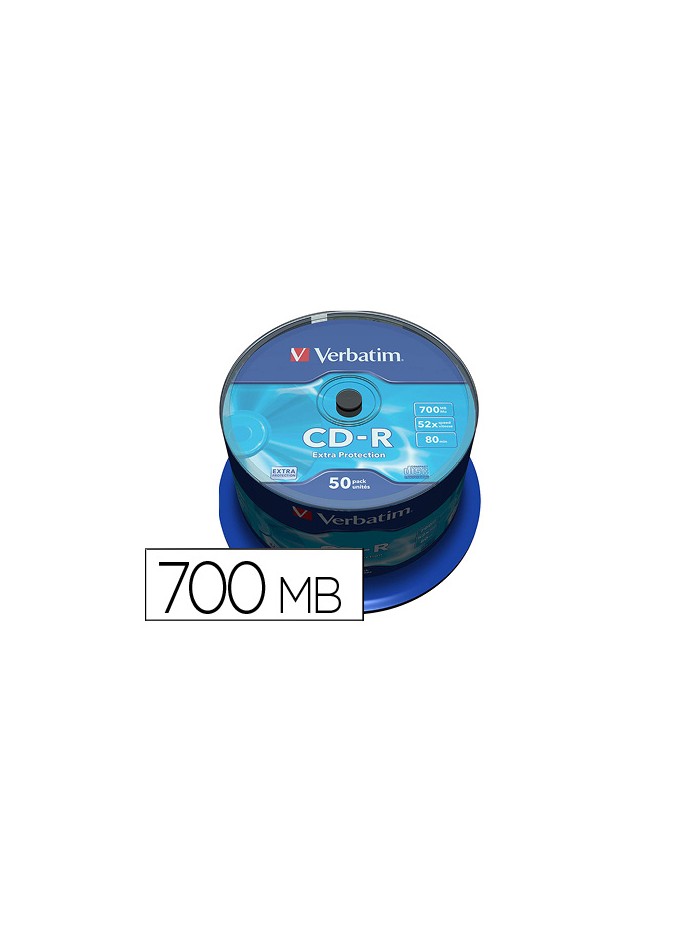 Cd-r verbatim capacidad 700mb velocidad 52x 80 min tarrina de 50 unidades Cd-r verbatim capacidad 700mb velocidad 52x 80 min tarrina de 50 unidades