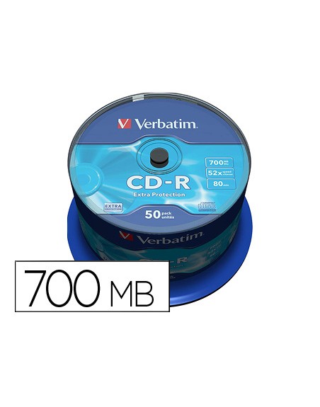 Cd-r verbatim capacidad 700mb velocidad 52x 80 min tarrina de 50 unidades