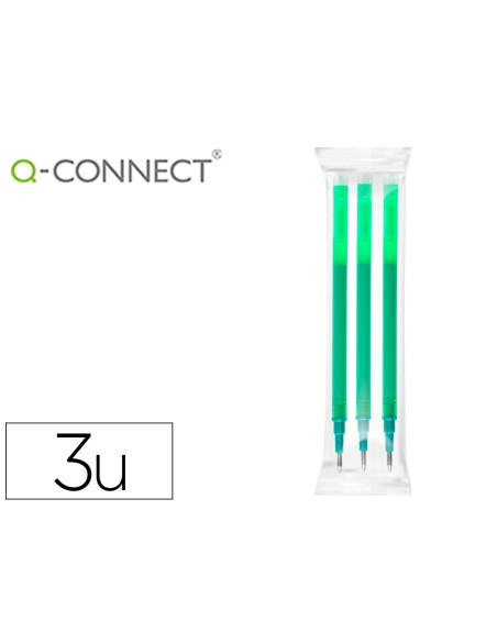 Recambio boligrafo q-connect retractil kf11060 borrable verde caja de 3 unidades