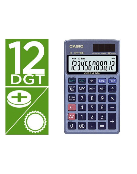 Calculadora casio sl-320ter bolsillo 12 digitos tax +/- conversion moneda tecla doble cero color azul