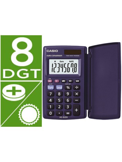 Calculadora casio hs-8ver bolsillo 8 digitos conversion moneda con tapa color azul