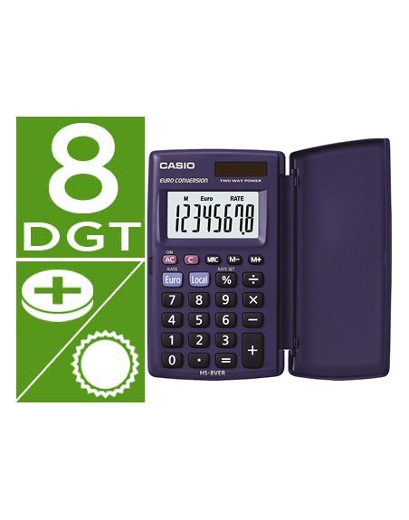 Calculadora casio hs-8ver bolsillo 8 digitos conversion moneda con tapa color azul