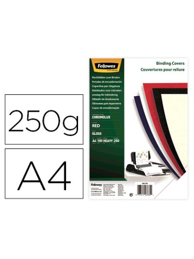 Tapa de encuadernacion fellowes din a4 carton brillo rojo chromolux 250 gr pack de 100 unidades